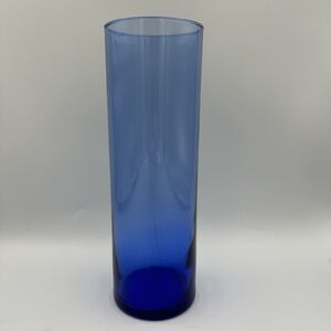 Vintage Cobalt Blue Art Glass Cylinder Vase 10” Tall Heavy Glass Decor